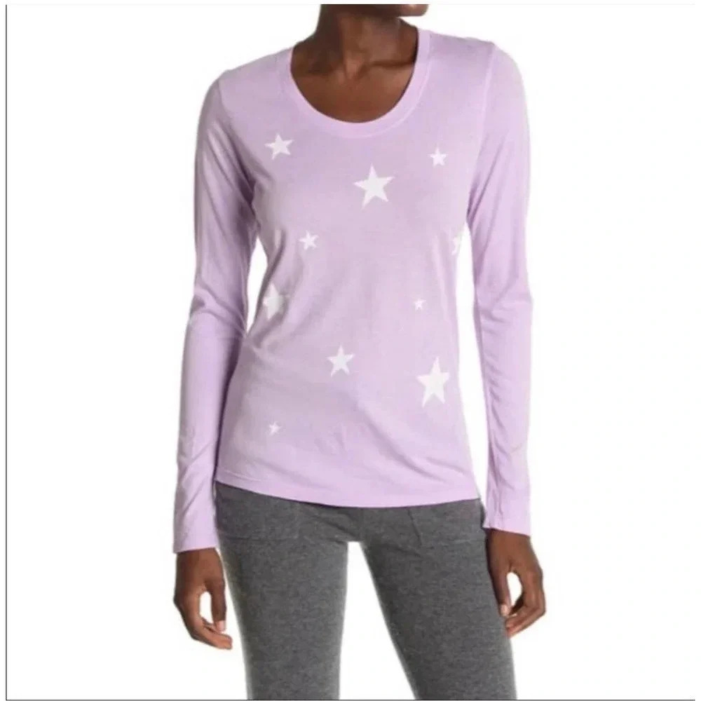 Sundry Women's Size 3 Purple Long Sleeve White Star Print Tee Shirt NWT
